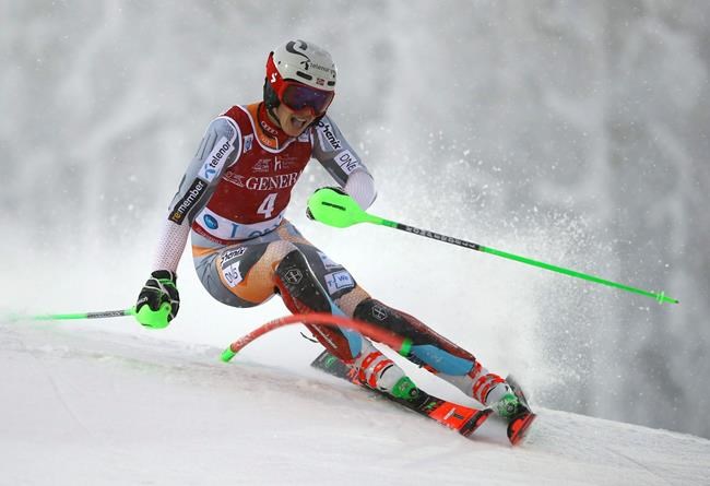 Norway's Henrik Kristoffersen competes in an alpine ski, men's slalom in Levi, Finland, Sunday, Nov. 24, 2019. (AP Photo/Alessandro Trovati)