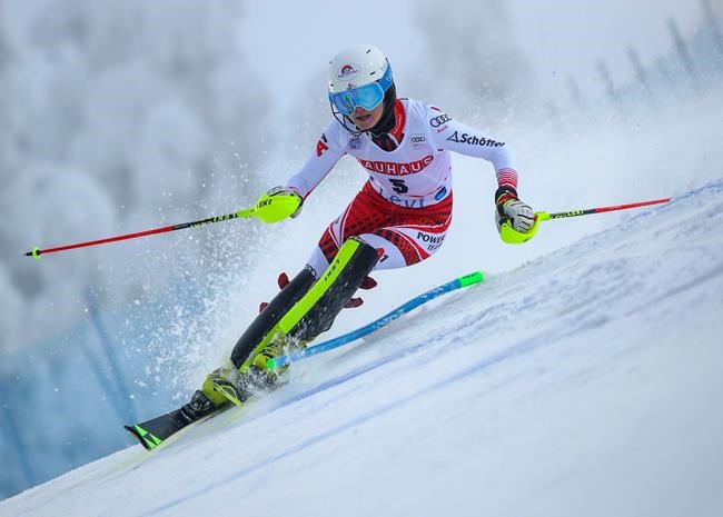 Austria's Katharina Truppe competes during an alpine ski, women's slalom in Levi, Finland, Saturday, Nov. 23, 2019. (AP Photo/Alessandro Trovati)