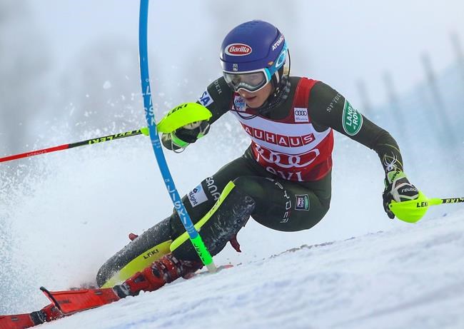 United States' Mikaela Shiffrin competes during an alpine ski, women's slalom in Levi, Finland, Saturday, Nov. 23, 2019. (AP Photo/Alessandro Trovati)