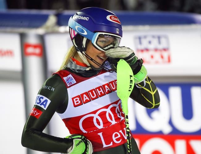 United States' Mikaela Shiffrin reacts after completing an alpine ski, women's slalom in Levi, Finland, Saturday, Nov. 23, 2019. (AP Photo/Alessandro Trovati)