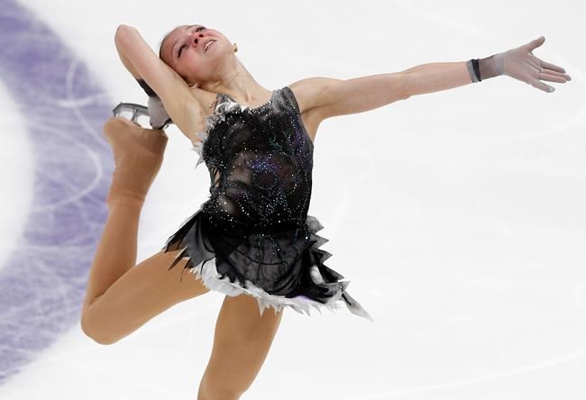 Alexandra Trusova of Russia performs in the ladies short program during the ISU Grand Prix of Figure Skating- Rostelecom Cup in Moscow, Russia, Friday, Nov. 15, 2019. (AP Photo/Alexander Zemlianichenko)