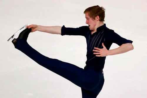 Alexander Samarin of Russia competes in the Men Short Program during the ISU figure skating France's Trophy, in Grenoble, French Alps, France, Friday, Nov. 1, 2019. (AP Photo/Francois Mori)