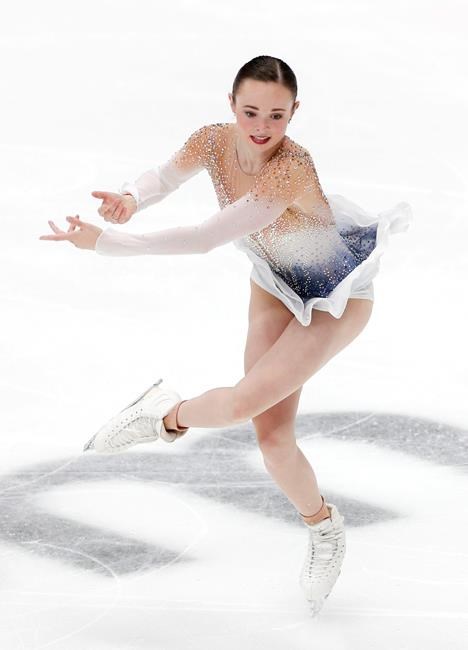 Mariah Bell of the United States performs her ladies free skating routine at the ISU Grand Prix of Figure Skating- Rostelecom Cup in Moscow, Russia, Saturday, Nov. 16, 2019. (AP Photo/Alexander Zemlianichenko)