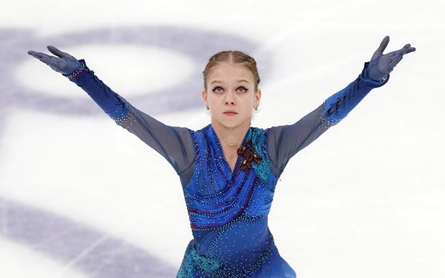 Russia's Alexandra Trusova performs her ladies free skating routine at the ISU Grand Prix of Figure Skating- Rostelecom Cup in Moscow, Russia, Saturday, Nov. 16, 2019. (AP Photo/Alexander Zemlianichenko)
