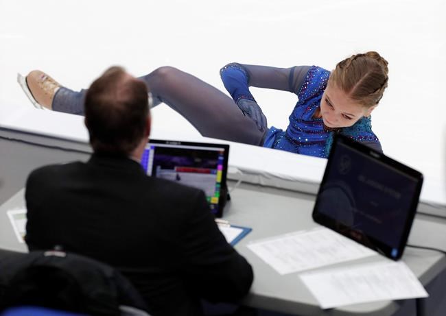 Russia's Alexandra Trusova falls during her ladies free skating routine at the ISU Grand Prix of Figure Skating- Rostelecom Cup in Moscow, Russia, Saturday, Nov. 16, 2019. (AP Photo/Alexander Zemlianichenko)