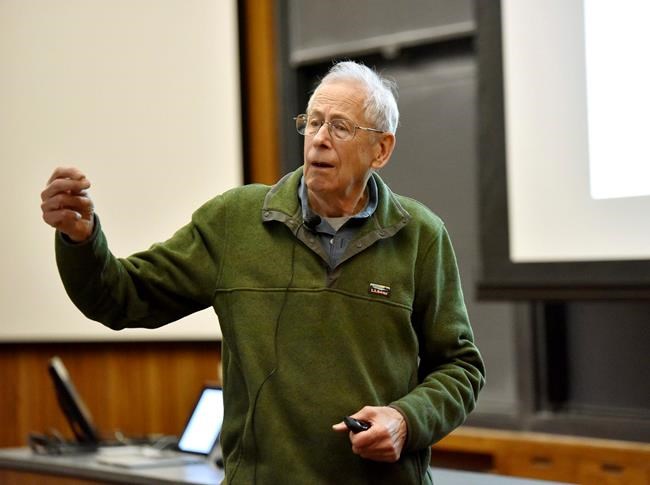 In this 2016 photo provided by Princeton University, James Peebles speaks at the 43rd annual Donald R. Hamilton Lecture, at the university in Princeton, N.J. Peebles was among three scientists who won the 2019 Nobel Prize in Physics on Tuesday, Oct. 8, 2019, for their work in understanding how the universe has evolved, and the Earth's place in it. The prize was given to Peebles
