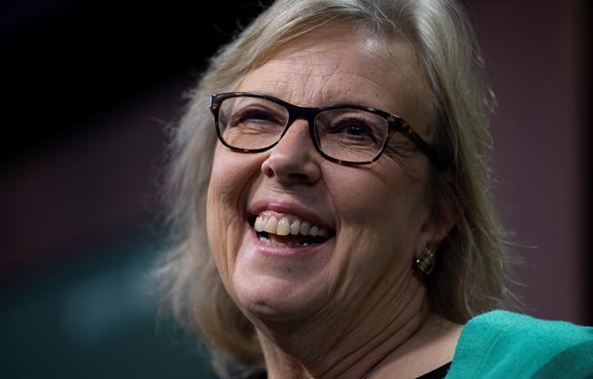 Green Party leader Elizabeth May speaks during a news conference in Ottawa, Monday, November 4, 2019. May announced she would step down as the party leader. THE CANADIAN PRESS/Adrian Wyld
