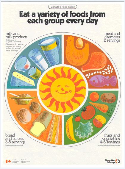 The revised guide for the first time used colourful pictures of foods that were grouped in wheel-like fashion around a sun graphic. This Guide reduced the number of food groups from five to four - combining fruit and vegetables since their nutrient contributions overlapped. The milk group became Milk and Milk Products, paving the way for the inclusion of other dairy food choices. Meat and Alternates replaced Meat and Fish.