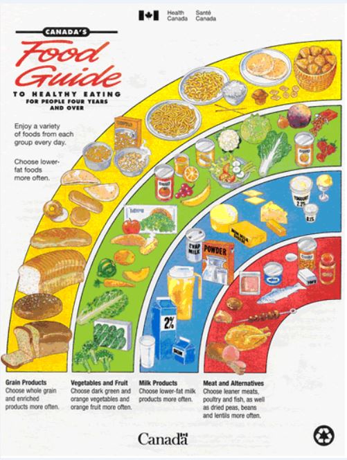 The 1992 revision incorporated a design change which moved away from the wheel-like fashion to a rainbow graphic that displayed the four food groups, all of which bore new names - Grain Products, Vegetables and Fruit, Milk Products, and Meat and Alternatives. This guide focused on a total diet approach aimed to meet both energy and nutrient requirements, recognizing that energy needs vary.