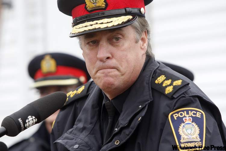 KEN GIGLIOTTI / WINNIPEG FREE PRESS
Winnipeg Police Chief Keith McCaskill holds a press conference to address the case involving the masked gunman who killed two persons and wounded one female during a weekend rampage in the North End.