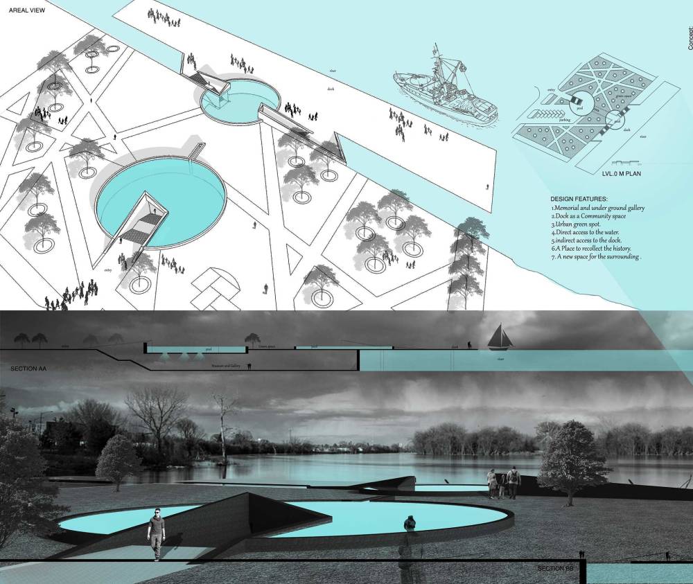 Arjun Panneri's The Memorial creates a simple dock with an indirect entry where the dock defines the memorial of the Alexander Dock. The dock is designed in such a way that it looks like it is floating on the water and separated from the riverbank. Staircases access the dock through underground passages. (Supplied)