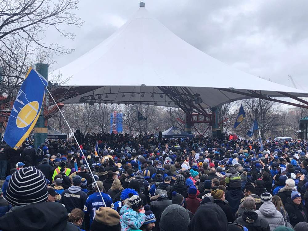 Thousands of Blue and Gold fans are at The Forks for the Bombers Grey Cup championship party..