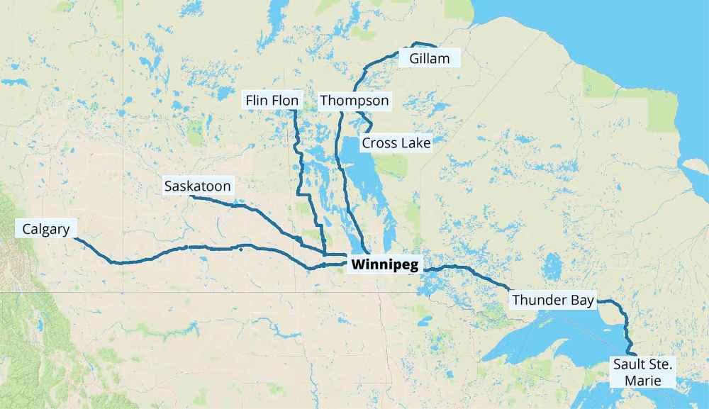 GRAEME BRUCE / WINNIPEG FREE PRESS / MAPBOX
This map shows all Greyhound routes in Manitoba. The bus line will stop servicing all of them in October