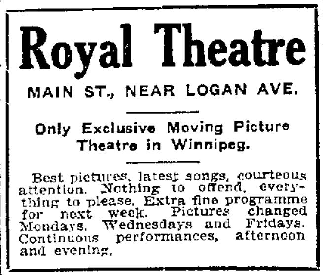 A 1908 ad for the Royal Theatre bosts the