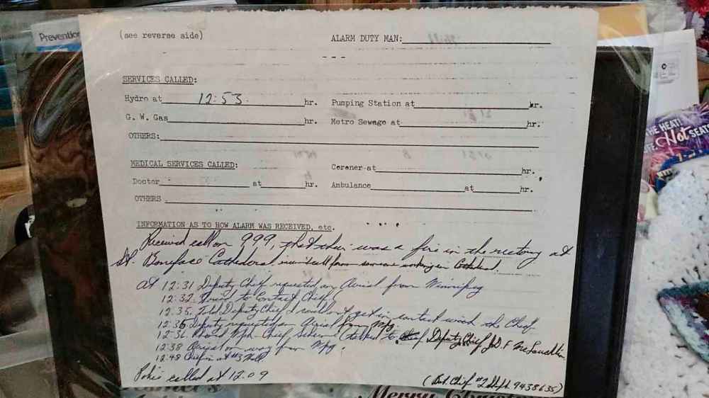 Official alarm notes taken by firefighter Art Desmet from the St.Boniface fire department the day of the fire.