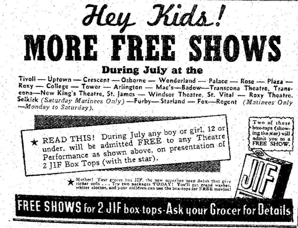 In the summer of 1939, kids could see a free film at any of Winnipeg's suburban theatres -- including the Windsor -- in exchange for two tops from boxes of soap flakes.