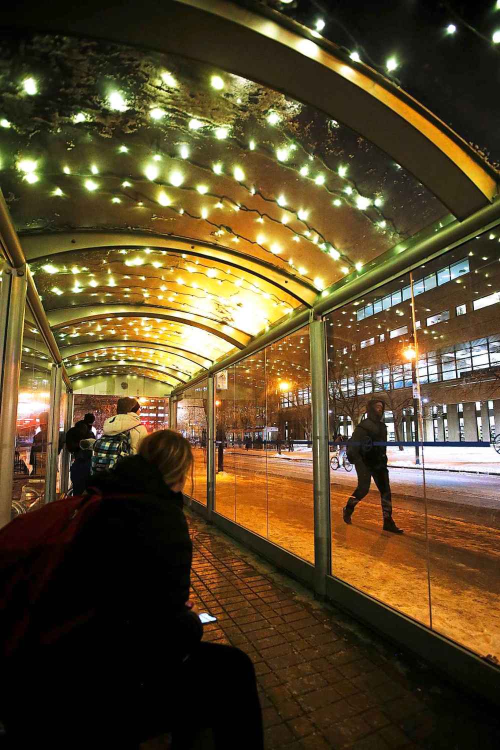 Bus passengers wait for buses on Graham Avenue in the newly lit bus shelters in Winnipeg Friday, December 20, 2019. The Downtown Biz spent $10000 to light 7 shelters with strings of Christmas lights. (John Woods / Winnipeg Free Press)