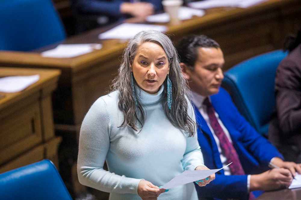 NDP MLAs such as Nahanni Fontaine rose on points of privilege through the day, preventing the government from introducing the budget. (Mikaela MacKenzie / Winnipeg Free Press)