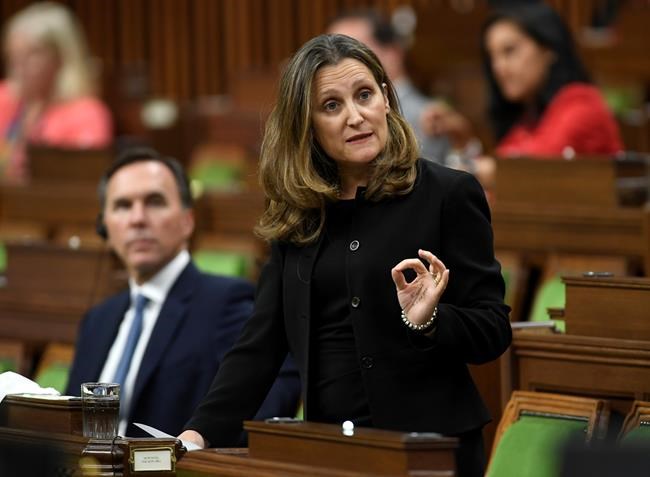 Deputy Prime Minister and Minister of Intergovernmental Affairs Chrystia Freeland rises during Question Period in the House of Commons in Ottawa, Monday July 20, 2020. THE CANADIAN PRESS/Adrian Wyld