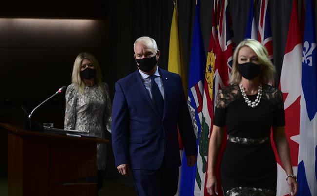 Conservative member of Parliament Michelle Rempel Garner, left to right, Conservative Leader Erin O'Toole and Conservative Deputy Leader Candice Bergen arrive to hold a press conference in Ottawa on Thursday, Oct. 22, 2020. THE CANADIAN PRESS/Sean Kilpatrick