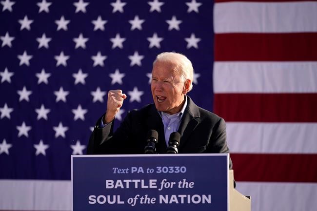 Democratic presidential candidate and former vice-president Joe Biden speaks at a rally at Community College of Beaver County, Monday, Nov. 2, 2020, in Monaca, Pa. THE CANADIAN PRESS/AP-Andrew Harnik