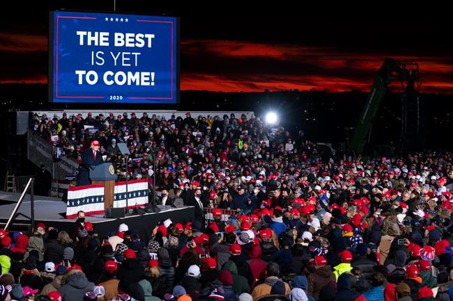 President Donald Trump speaks during a campaign rally at Cherry Capital Airport, Monday, Nov. 2, 2020, in Traverse City, Mich. THE CANADIAN PRESS/AP-Evan Vucci