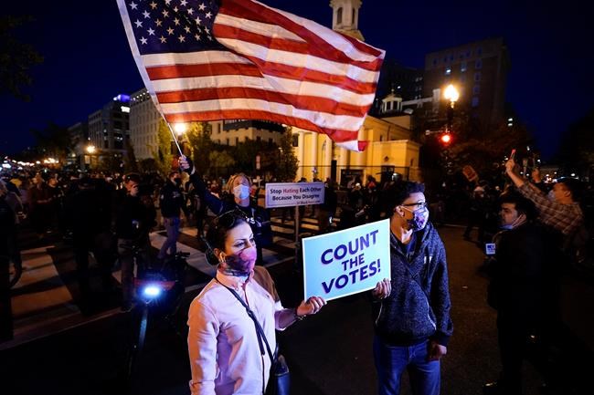 Demonstrators gather at Black Lives Matter Plaza to advocate that all votes be counted one day after Election Day, Wednesday, Nov. 4, 2020, in Washington. With his room to manoeuvre rapidly dwinding, President Donald Trump is lashing out with threats of legal action as Joe Biden closes in on the Oval Office. THE CANADIAN PRESS/AP, Alex Brandon