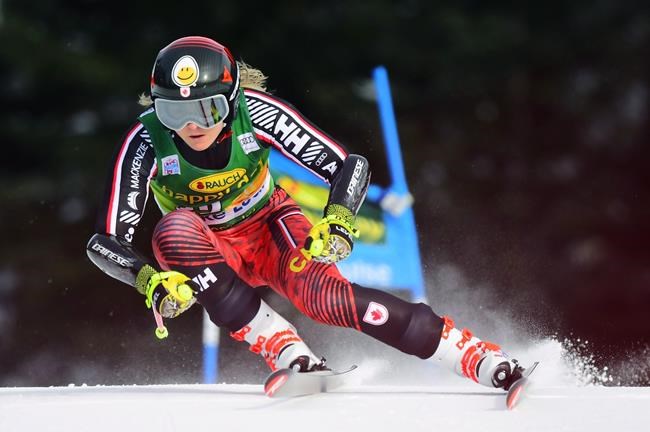 Valerie Grenier, of Canada, skis down the course during the women's World Cup Super G ski race in Lake Louise, Alta., on Sunday, Dec. 2, 2018. Alpine Canada is recalling some of its national-team athletes from Europe because of the deteriorating COVID-19 pandemic situation there. THE CANADIAN PRESS/Frank Gunn