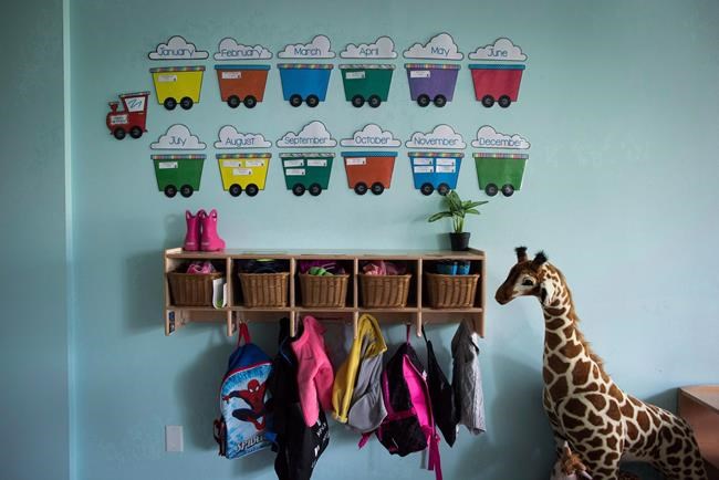 Children's backpacks and shoes are seen at a CEFA (Core Education and Fine Arts) Early Learning daycare franchise, in Langley, B.C., on May 29, 2018. THE CANADIAN PRESS/Darryl Dyck