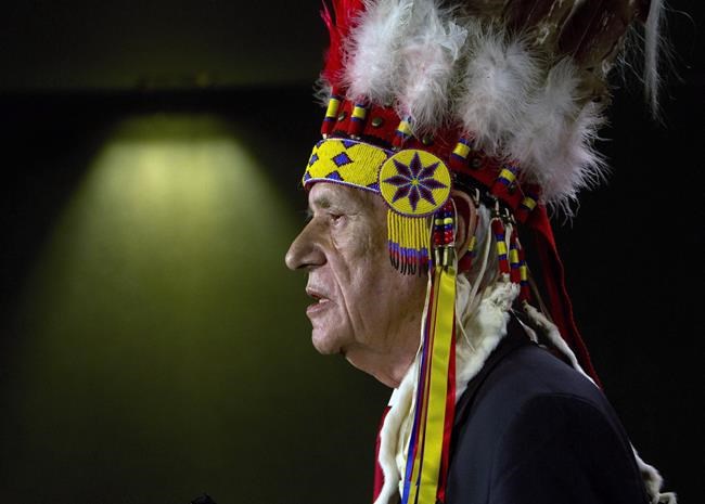 Canadian architect and Algonquin elder Douglas Cardinal holds a press conference in Ottawa on April 6, 2017. Indigenous activist Douglas Cardinal, who filed human rights complaints in an attempt to stop the Cleveland Indians from using the Chief Wahoo logo during a 2016 playoff series in Toronto, said he's pleased to hear the club plans to change its name. HE CANADIAN PRESS/Fred Chartrand