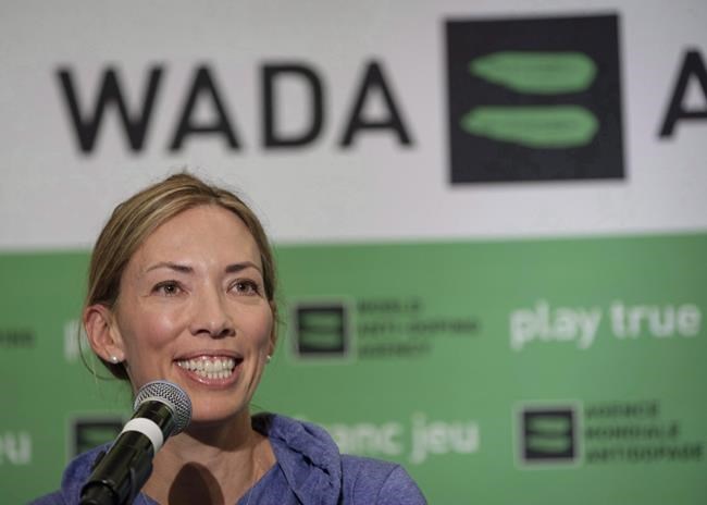 World Anti-Doping Agency athlete committee chairperson Beckie Scott, speaks at a news conference following the agency's first Global Athlete Forum in Calgary, Alta., Tuesday, June 5, 2018. THE CANADIAN PRESS/Jeff McIntosh