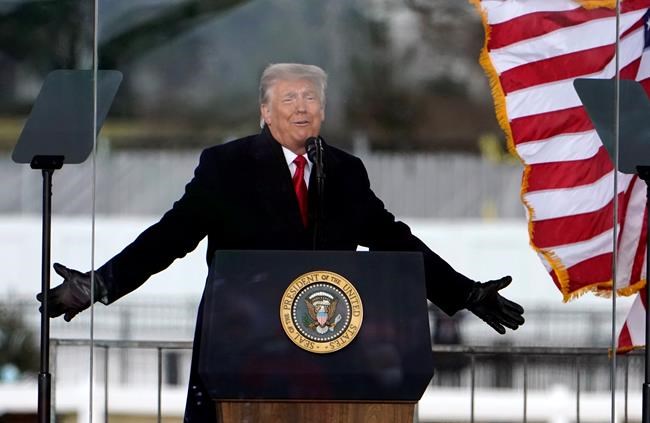 President Donald Trump speaks at a rally Wednesday, Jan. 6, 2021, in Washington. Shopify Inc. says it has terminated all stores affiliated with U.S. President Donald Trump after violence erupted at the U.S. Capitol building yesterday. THE CANADIAN PRESS/AP/Jacquelyn Martin