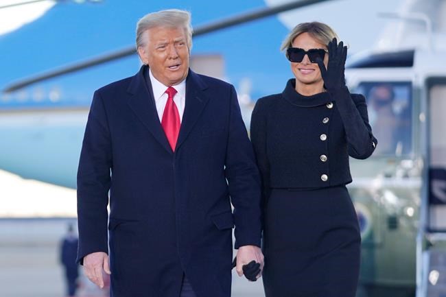 President Donald Trump and first lady Melania Trump arrive on Marine One before boarding Air Force One at Andrews Air Force Base, Md., Wednesday, Jan. 20, 2021.THE CANADIAN PRESS/AP/Manuel Balce Ceneta