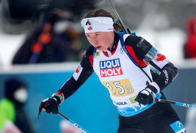 Canada's Nadia Moser competes during the mixed 4x7.5 km relay competition at the World Championships Biathlon event in Pokljuka, Slovenia, Wednesday, Feb. 10, 2021. THE CANADIAN PRESS/AP/Darko Bandic
