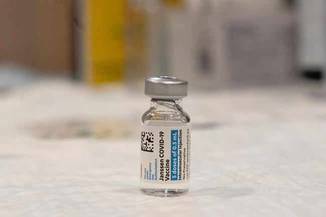 A vial of the Johnson & Johnson COVID-19 vaccine is displayed at South Shore University Hospital, Wednesday, March 3, 2021 in Bay Shore, N.Y. Janssen Pharmaceuticals is a division of Johnson & Johnson. THE CANADIAN PRESS/AP/Mark Lennihan