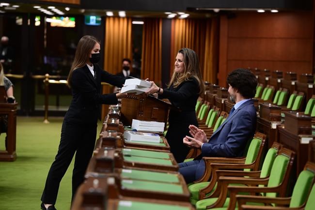 Finance Minister Chrystia Freeland, centre, tables the federal budget in the House of Commons in Ottawa on Monday April 19, 2021. The federal government unveiled spending plans to manage the remainder of the COVID-19 crisis and chart an economic course for a post-pandemic Canada. THE CANADIAN PRESS/Sean Kilpatrick