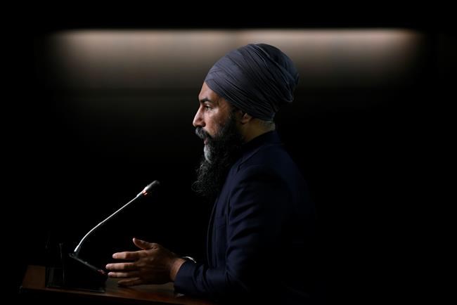 NDP Leader Jagmeet Singh speaks during a news conference as he reacts to the tabling of federal budget in Ottawa, on Monday, April 19, 2021. Singh says the spending plan tabled by Finance Minister Chrystia Freeland heavily borrows from the New Democrats promise in 2015 and 2019 to introduce universal childcare. THE CANADIAN PRESS/Justin Tang