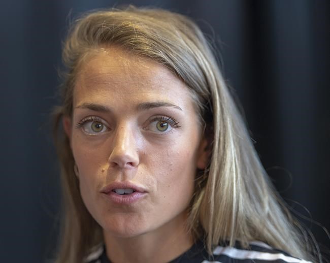 Runner Melissa Bishop-Nriagu speaks to the media at the opening news conference at the Canadian Track and Field Championships, in Montreal, Thursday, July 25, 2019. THE CANADIAN PRESS/Ryan Remiorz