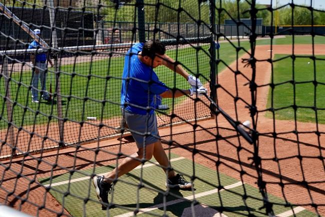 Israel Olympic baseball player Danny Valencia takes batting practice at Salt River Fields spring training facility, Wednesday, May 12, 2021, in Scottsdale, Ariz. Israel has qualified for the six-team baseball tournament at the Tokyo Olympic games which will be its first appearance at the Olympics in any team sport since 1976. (AP Photo/Matt York)