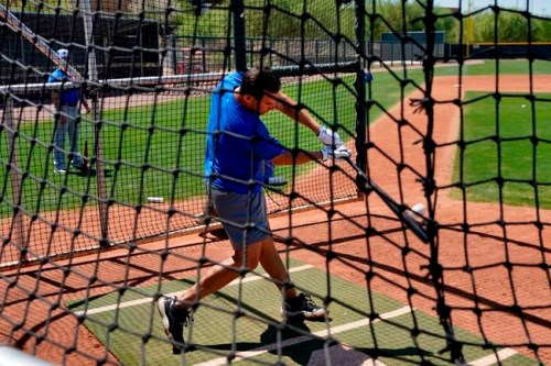 Israel Olympic baseball player Danny Valencia takes batting practice at Salt River Fields spring training facility, Wednesday, May 12, 2021, in Scottsdale, Ariz. Israel has qualified for the six-team baseball tournament at the Tokyo Olympic games which will be its first appearance at the Olympics in any team sport since 1976. (AP Photo/Matt York)