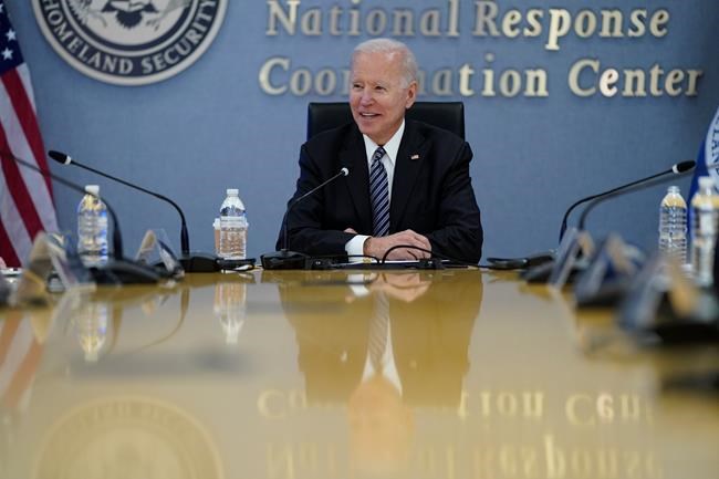 President Joe Biden participates in a briefing on the upcoming Atlantic hurricane season, at FEMA headquarters, Monday, May 24, 2021, in Washington. (AP Photo/Evan Vucci)