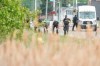 A line of police officers look for evidence at the scene of a car crash in London, Ont., on Monday, June 7, 2021. London police in London say four people have died after several pedestrians were struck by a car Sunday night.THE CANADIAN PRESS/Geoff Robins