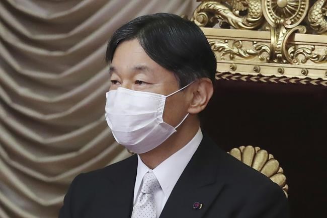 FILE - In this Oct. 26, 2020, file photo, Japan's Emperor Naruhito wearing a face mask to protect against the coronavirus attends to formally open an extraordinary Diet session at the upper house of parliament in Tokyo. Naruhito appears to be “extremely worried” about the possibility the Tokyo 2020 Olympics and Paralympics could trigger the spread of the coronavirus as feared by many people, head of Japanese imperial palace said Thursday, June 24, 2021 with the games coming up in one month. (AP Photo/Koji Sasahara, File)