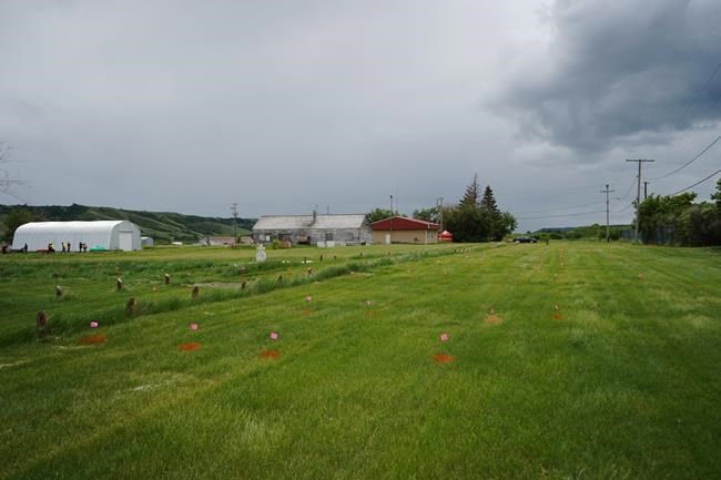 Flags mark where ground-penetrating radar recorded hits of what are believed to be 751 unmarked graves near the grounds of the former Marieval Indian Residential School on the Cowessess First Nation in Saskatchewan in this undated handout photo provided by the Federation of Sovereign Indigenous Nations. THE CANADIAN PRESS/HO, FSIN *MANDATORY CREDIT*