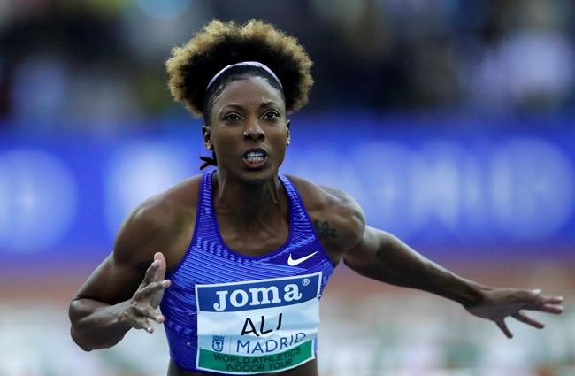 Nia Ali races during the Women's 60m Hurdles during the World Athletics Indoor Tour meeting in Madrid, Spain, Friday, Feb. 21, 2020. American track star Nia Ali says she knows what it's like to balance being a breastfeeding mom and an elite athlete.THE CANADIAN PRESS/AP/Manu Fernandez