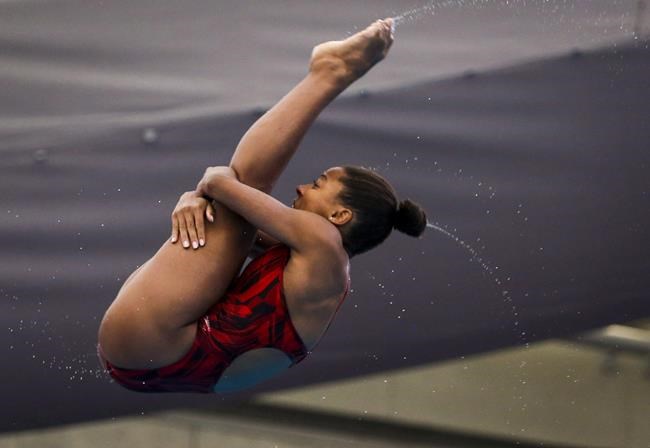 Canada's Jennifer Abel, competes during the women's open three-metre finals event at the Canada Cup FINA Diving Grand Prix in Calgary, Alta., Saturday, May 12, 2018. THE CANADIAN PRESS/Jeff McIntosh