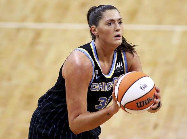 FILE - In this May 15, 2021, file photo, Chicago Sky center Stefanie Dolson controls the ball during a WNBA basketball game against the Connecticut Mystics in Washington. Sky star Dolson is checking in periodically from the Olympics. She is part of the U.S. 3x3 team that will take part in the inaugural competition in that event at the Tokyo Games. (AP Photo/Daniel Kucin Jr.)