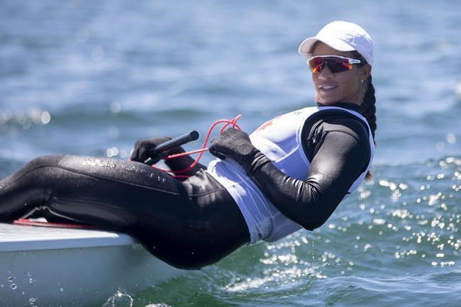 Sarah Douglas trains in Toronto on Tuesday, June 15, 2021, ahead of the Tokyo Olympics, where she will represent Canada in sailing. Listening to Canadian gymnast Rosie MacLennan speak about winning trampoline gold in the 2012 Olympic Games in London reignited Douglas's desire to compete again.THE CANADIAN PRESS/Chris Young