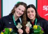 Meaghan Benfeito, right, and Caeli McKay of Canada hold up their gold medals after winning the women's 10-metre platform synchro final at the FINA Diving World Series in Montreal, Friday, February 28, 2020. THE CANADIAN PRESS/Graham Hughes