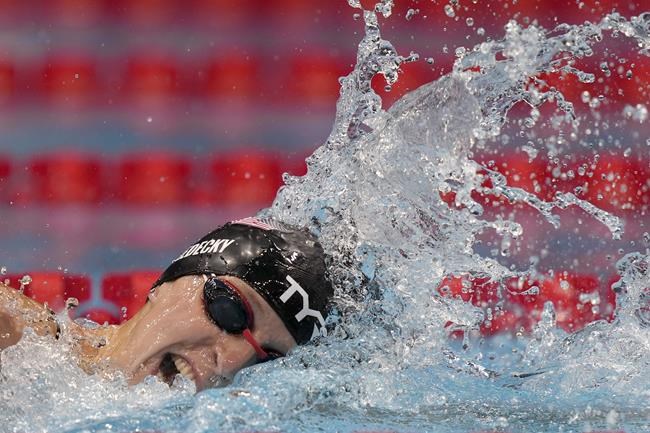 Katie Ledecky, of United States, swims in a women's 200-meter freestyle semifinal at the 2020 Summer Olympics, Tuesday, July 27, 2021, in Tokyo, Japan. (AP Photo/Martin Meissner)